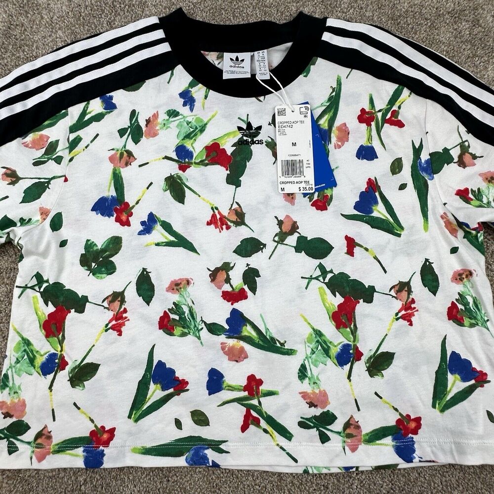Adidas Womans Size Medium Top Cropped AOP T-shirt Floral Flowered White Stripes
